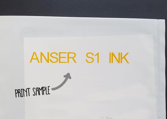 Visual sample of how Anser S1 yellow ink prints onto white, flexible packaging 